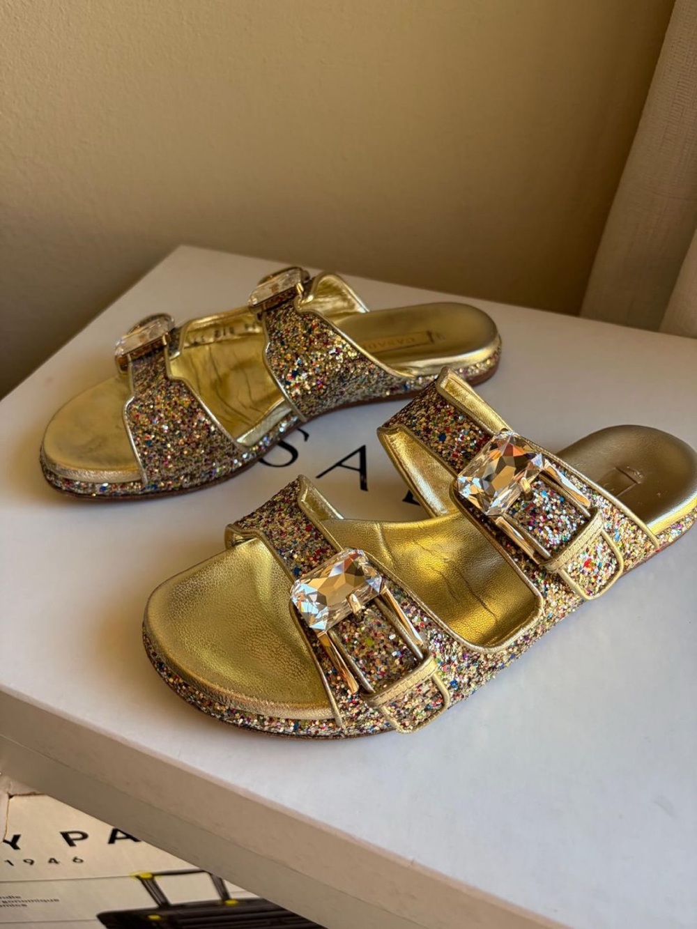Women’s Gold Glitter Double-Buckle Slide Sandals